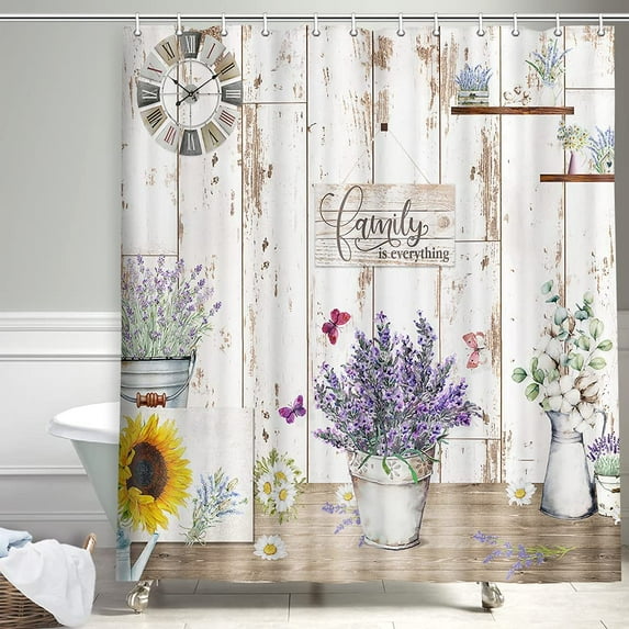 Country Fabric Shower Curtain, Vintage Rustic Gray Wooden Shower Curtain Farmhouse Style Shower Curtains for Bathroom, Purple Lavender Shower Curtain Barn Polyester Waterproof Shower Curtain (72X72)