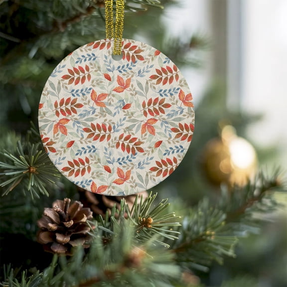 Country Fall Leaves Maple Leaf Christmas Ceramic Ornament 2026,3" Round Xmas Tree Hanging Accessories with Gold Ribbon,Retro Farmhouse Botanical Pendant Ornaments for Holiday Gift Home Party Decor