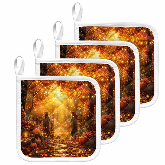 Country Fall Pot Holders for Kitchen Heatproof Potholder, 4 Pack Farmhouse Rustic Pumpkins Maple Leaves Orange Hot Pads Multipurpose Oven Pads Terry Cloth Potholders Trivet for Cooking and Baking