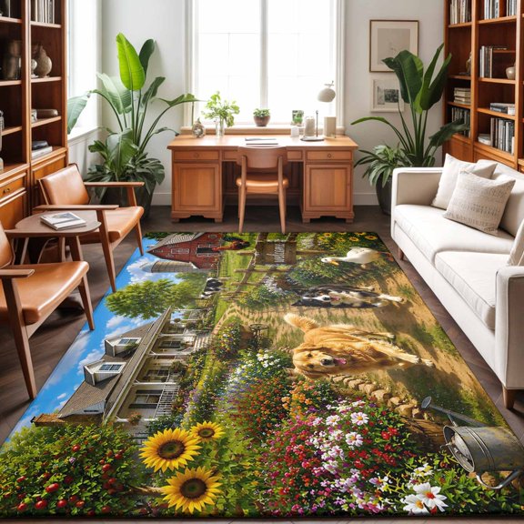 Country Farm 5'x7' Rug for Living Room Sofa and Coffee Table Layout, Rural Path Golden Retriever Border Collie Duck Washable Non Slip Rectangle Area Rug