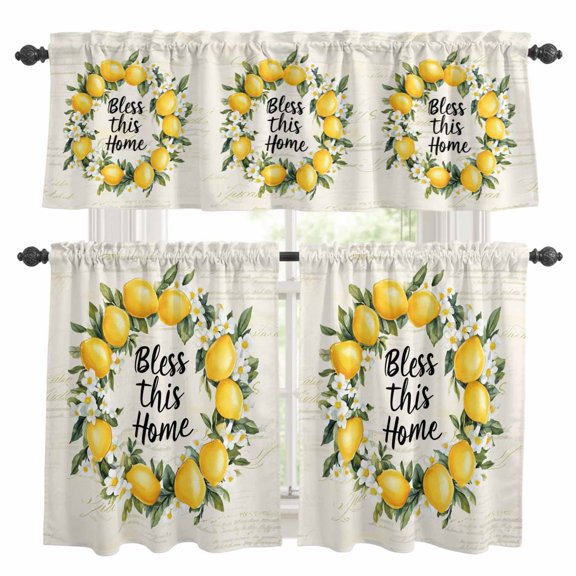 Country Farm Bless This Home Kitchen Curtains Valances and Tiers Set of 3 Yellow Lemon Linen Texture Tier Curtains and Valance with Rod Pocket for Small Windows, 27.5"x24"