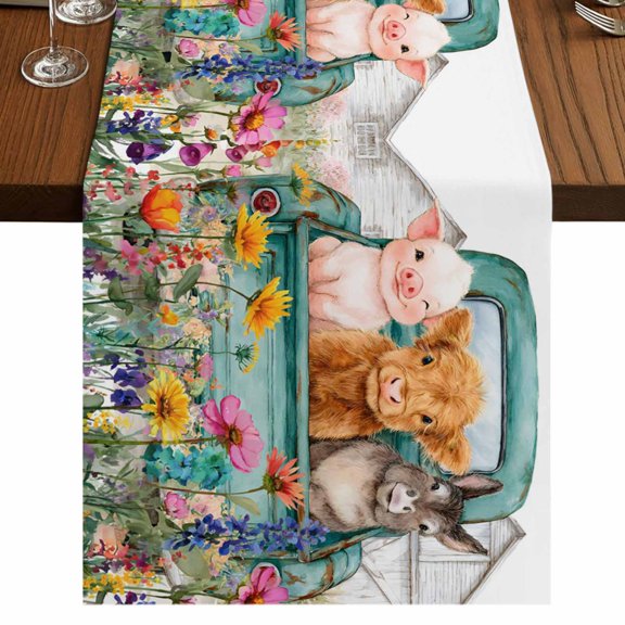 Country Farm Burlap Cotton Table Runner 13x48 Inches Long, Farmhouse Pig Cow Horse Truck Flowers Barn Farmhouse Table Runners, Outdoor Dining Table Decor for Baby Shower/Party/Wedding