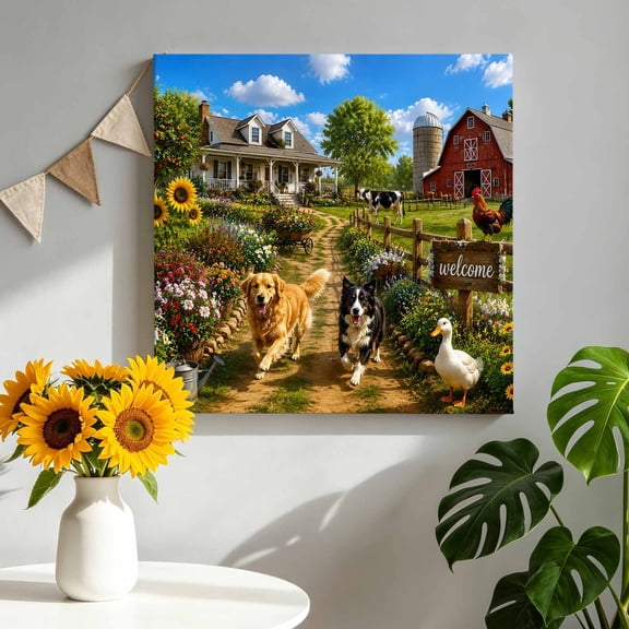 Country Farm Canvas Wall Art for Living Room, Rural Path Golden Retriever Border Collie Duck Poster Print Painting for Bedroom Office Home Decoration Wall Pictures Prepare To Hang 8"x8"