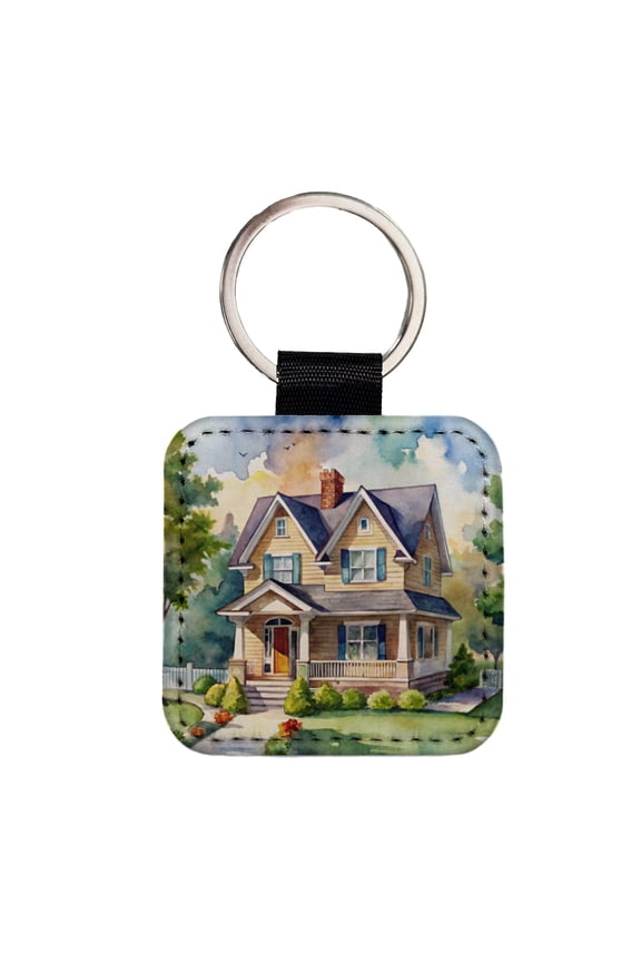 Country Farm House Painting Watercolor Faux Leather Square Keychain