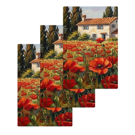 Country Farm Kitchen Dish Towels for Drying Dishes Set of 3, Farmhouse Pastoral House Tree Flowers Waffle Weave Microfiber Hand Tea Bathroom Towels Quick Dry & Absorbent Towel 15.7x23.6