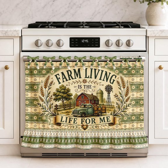 Country Farm Oven Skirt Curtain for Farmhouse Kitchen Decor Rustic Barn Vintage Aesthetic Farmhouse Tie Top Oven Curtain for Door Decorative Stove Cover Dishwasher Cover for Cottage Kitchen Decor