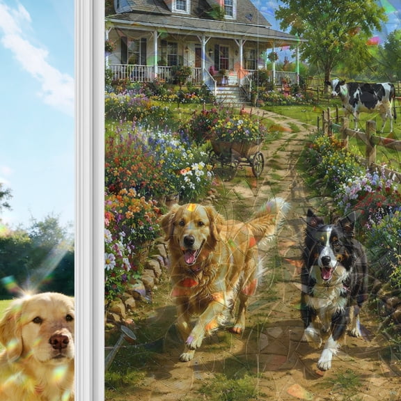 Country Farm Rainbow Window Privacy Film, Rural Path Golden Retriever Border Collie Duck Stained Glass Window Film, Sun Blocking Glass Clings Non Adhesive Door Stickers 17.7 x 39.3 Inches