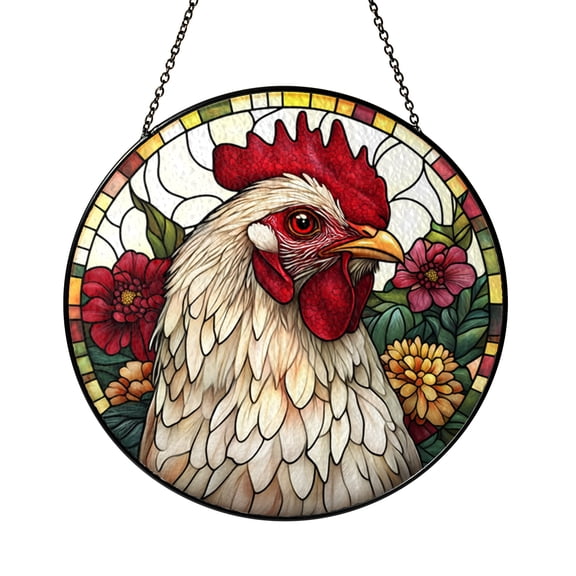 Country Farm Stained Glass Style Window Suncatcher, Decorative Chicken Art Panel, Decorative Glass Style Window Decor for Cozy Home