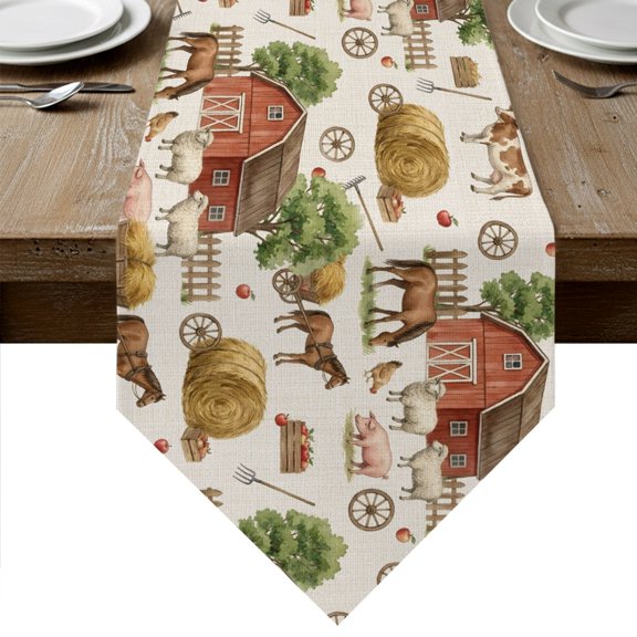 Country Farm Table Runner Linen Burlap Table Runner 36 Inches Small Retro Rustic Farmhouse Barn Animals Dresser Scarves for Kitchen Island Coffee Dining Room Party Wedding Holiday Decor 13"x36"