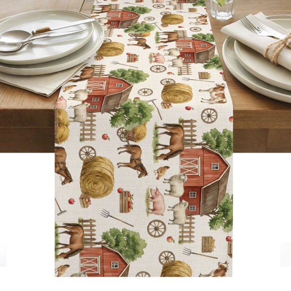 Country Farm Table Runner Retro Rustic Farmhouse Barn Animals Tablerunners 13 x 36 Inch, Table Decorations Tabletop Scarf for Summer Gathering Holiday Farmhouse Kitchen Dining Decor