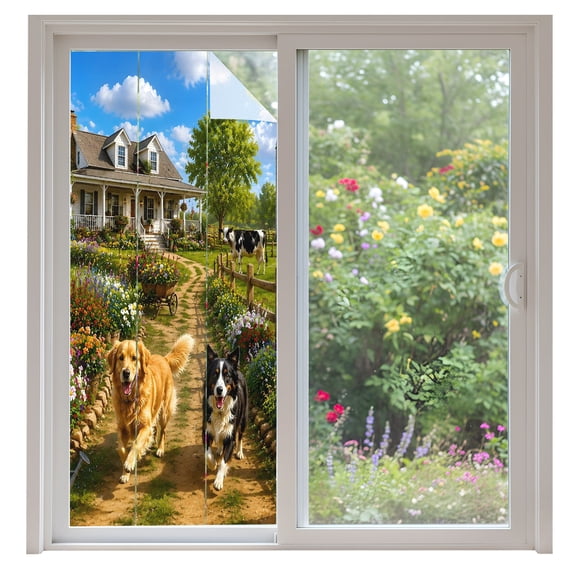 Country Farm Window Privacy Film Rural Path Golden Retriever Border Collie Duck Decorative Glass Window Film UV Blocking Static Cling Non-Adhesive Sticker Covering for Home Door 35.4x78.7 inches