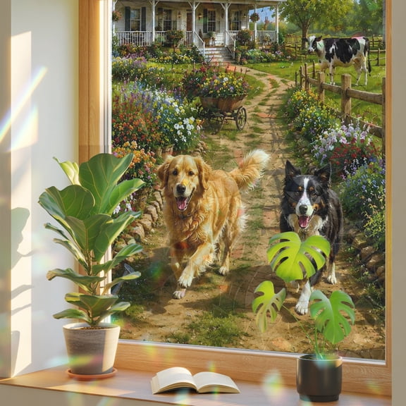 Country Farm Window Privacy Film, Rural Path Golden Retriever Border Collie Duck Stained Glass Rainbow Film Decorative Window Clings, Static Cling Sun Blocking Stickers 17.7" x 39.3"