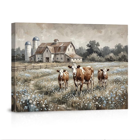 Country Farmhouse Brown Cows In Wildflower Field With Rustic Barn Silos Landscape Canvas