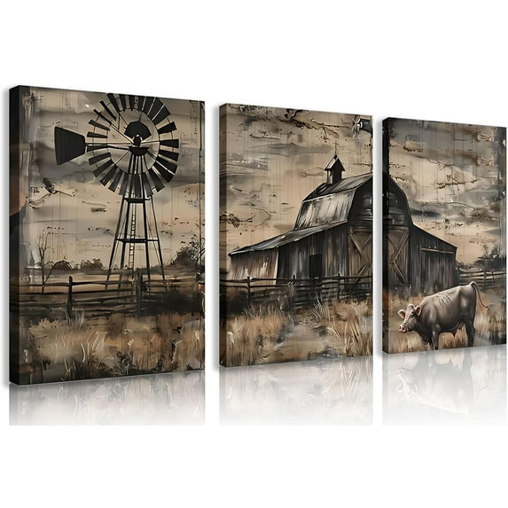Country Farmhouse Canvas Wall Art Vintage Windmill Barn Cornfield Painting Pictures Wall Decor Landscape Countryside Rural Poster Printing Artwork for Office,Bathroom,Living Room Home Decoration