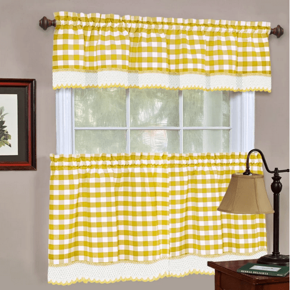 Country Farmhouse Complete 3 Pc. Plaid Checkered Café Kitchen Curtain Tier & Valance Set - Assorted Colors & Sizes
