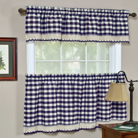 Country Farmhouse Complete 3 Pc. Plaid Checkered Café Kitchen Curtain Tier & Valance Set - Assorted Colors & Sizes