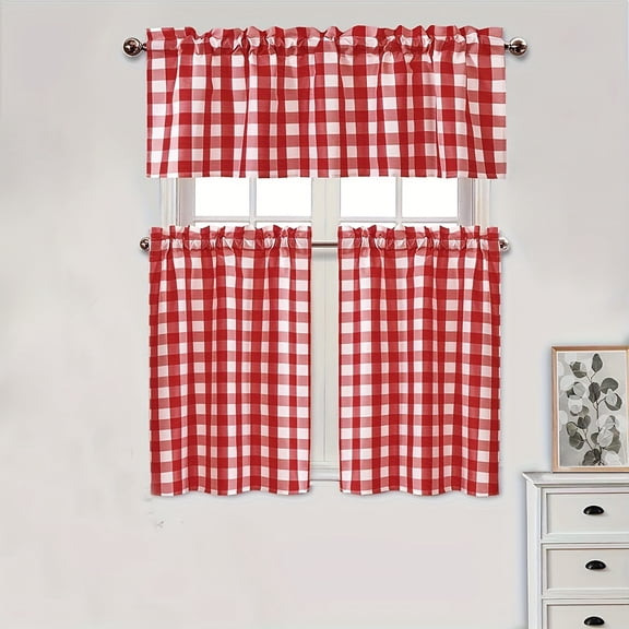 Country Farmhouse Complete 3 Pc. Plaid Checkered Café Kitchen Curtain Tier & Valance Set