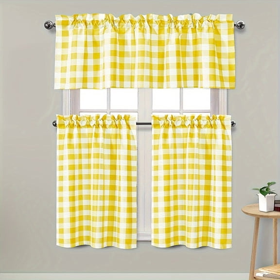 Country Farmhouse Complete 3 Pc. Plaid Checkered Café Kitchen Curtain Tier & Valance Set