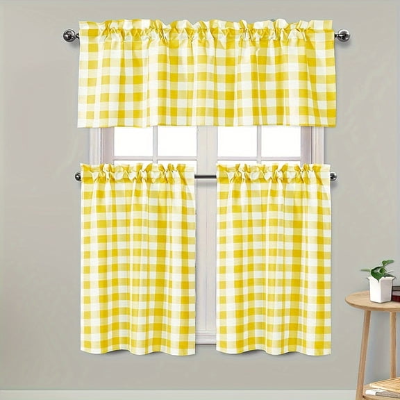 Country Farmhouse Complete 3 Pc. Plaid Checkered Café Kitchen Curtain Tier & Valance Set