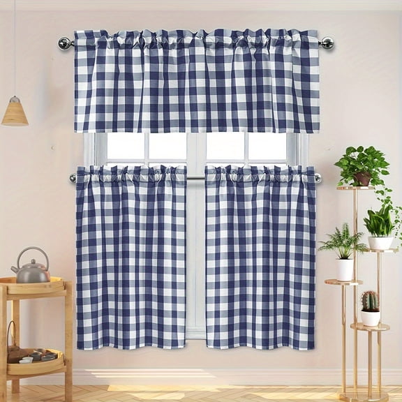 Country Farmhouse Complete 3 Pc. Plaid Checkered Café Kitchen Curtain Tier & Valance Set