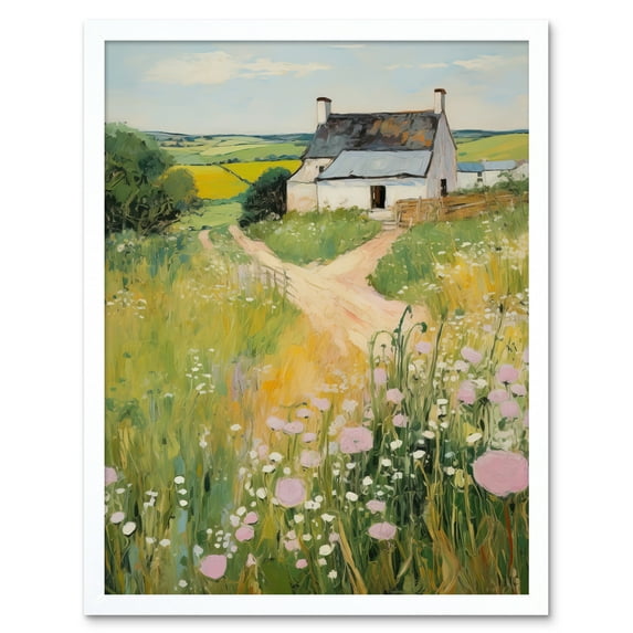 Country Farmhouse Cottage Scene Traditional Landscape Oil Painting Meadows Countryside Summer Art Print Framed Poster Wall Decor 12x16 inch