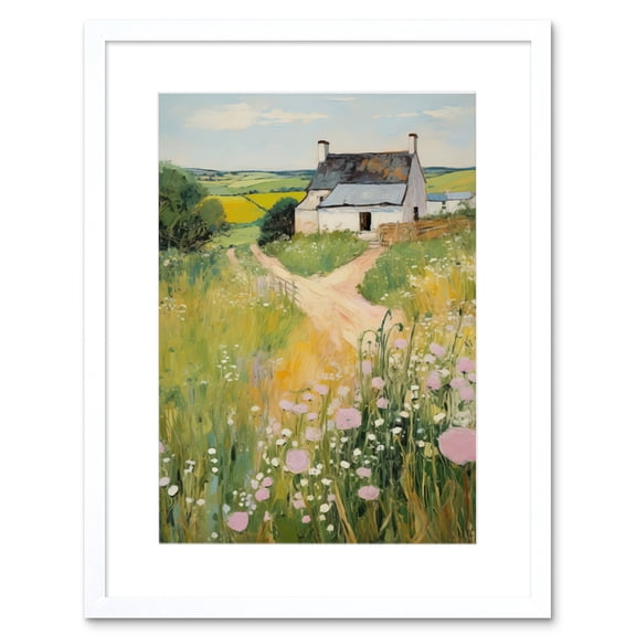 Country Farmhouse Cottage Scene Traditional Landscape Oil Painting Meadows Countryside Summer Artwork Framed Wall Art Print 9X7 Inch