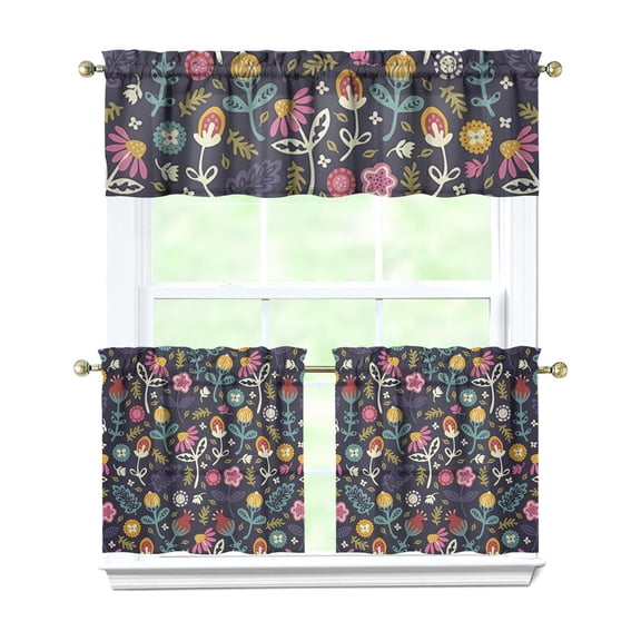 Country Farmhouse Curtains 24 Inch - 3 Panel Bohemian Floral Set with Vintage Botanical Print, Rod Pocket Window