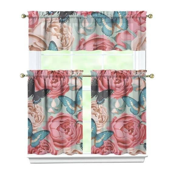 Country Farmhouse Curtains 36 Inch Short - 3 Panel Bohemian Floral Set with Vintage Botanical Print, Rod Pocket