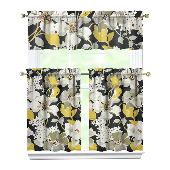 Country Farmhouse Curtains 36 Inch Short - 3 Panel Bohemian Floral Set with Vintage Botanical Print, Rod Pocket