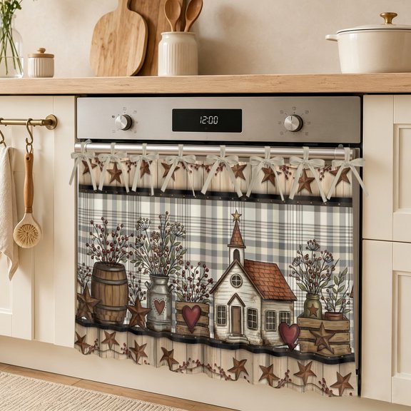Country Farmhouse Oven Skirt Curtain, Vintage Barn Star Flowers Berry Plaid Wood Grain Tie Top Tier Curtains Stove Dishwasher Skirt Small Window Drapes for Kitchen Bathroom Cafe 32"x24"
