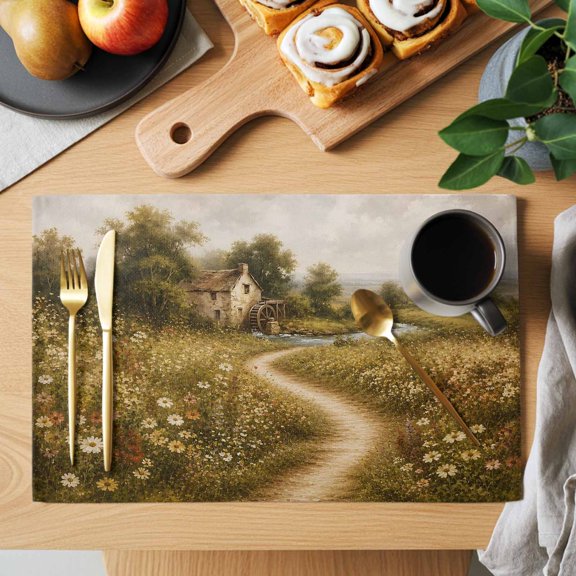 Country Farmhouse Placemats Set of 1 Rustic Pastoral Pathway Cottage Wildflower Tree Heat Insulation Non-Slip Place Mats Washable Table Mats for Dining room Party Kitchen Decor, 13 x 19 Inches