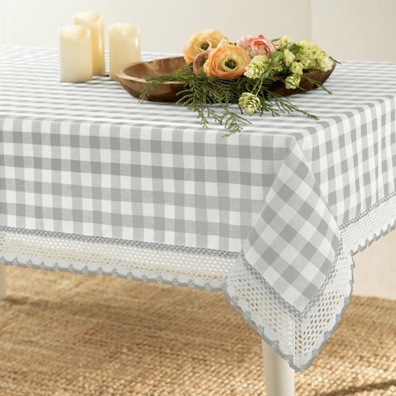 Country Farmhouse Plaid Buffalo Check Stain & Spill Proof Fabric Tablecloths - Gray, 10-12 Chairs