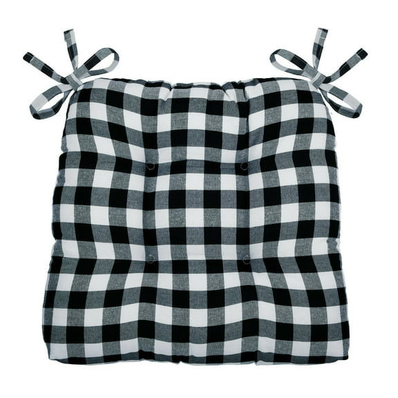 Country Farmhouse Plush Buffalo Plaid Checkered Chair Cushion Pad With Tear Proof Ties - BlackWhite