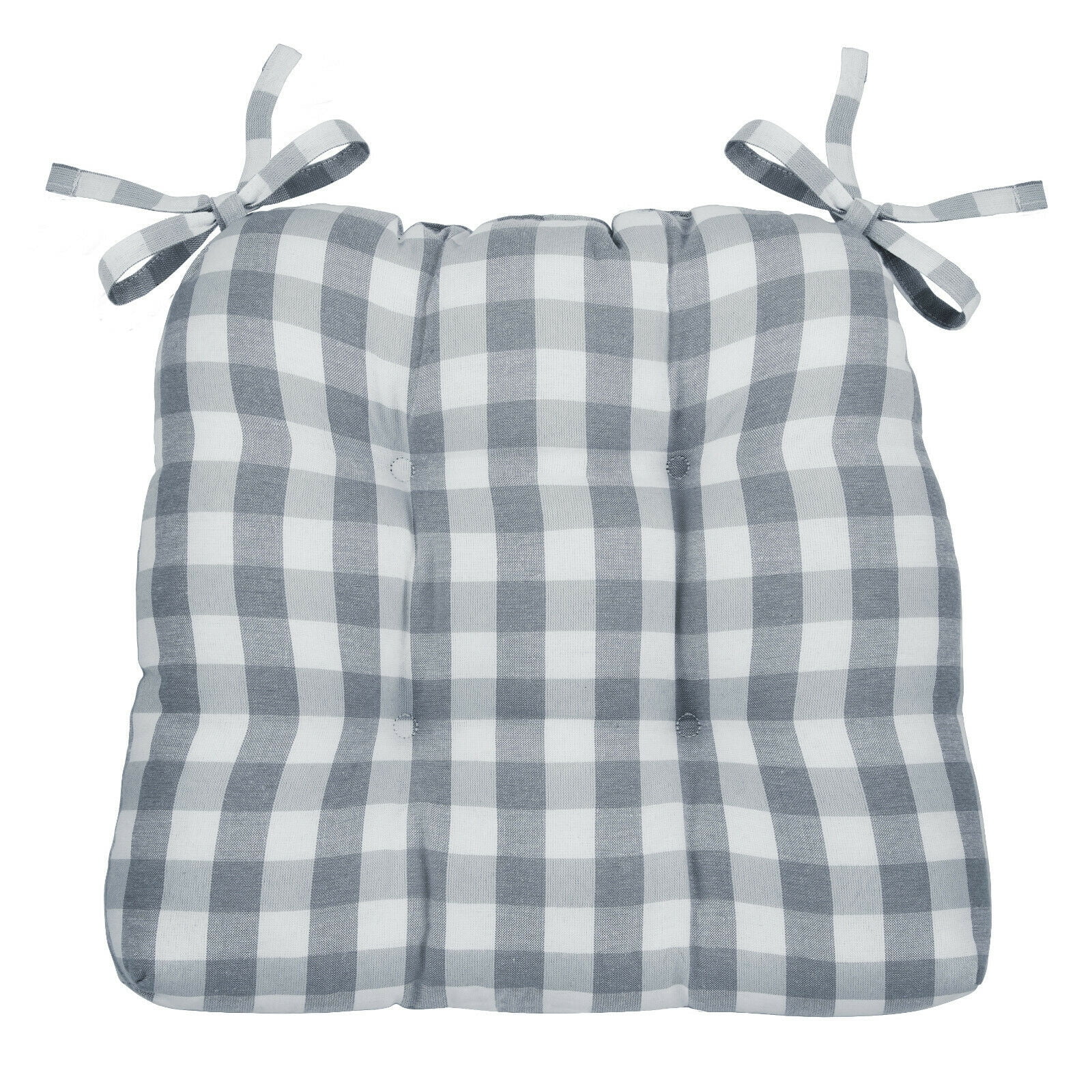 Country Farmhouse Plush Buffalo Plaid Checkered Chair Cushion Pad With Tear Proof Ties - GrayWhite