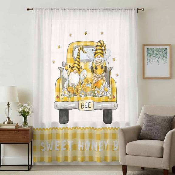 Country Farmhouse Sheer Curtains 54" Long, Yellow Bees Gnomes Truck Daisy Honey Beige Light Filering Curtains, Breathable Simi Curtain Privacy Drapes for Kitchen Bathroom Small Window Treatment