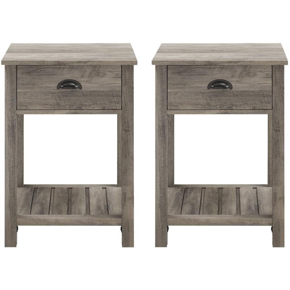 Gray Wash Farmhouse End Table Set with Storage