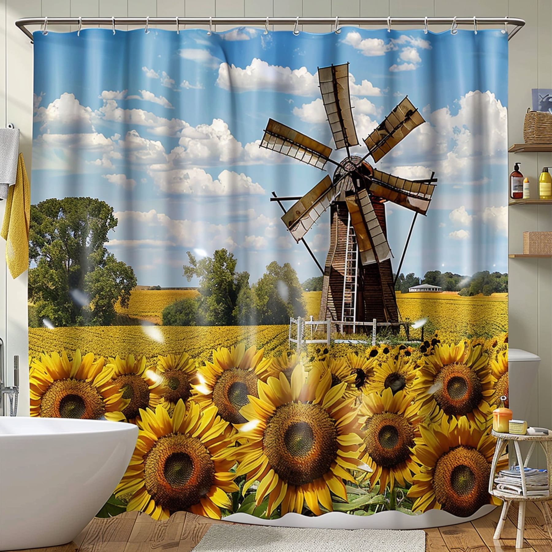 Country Farmhouse Sunflower Shower Curtain Rustic Windmill Bathroom Decor Vintage Yellow Theme