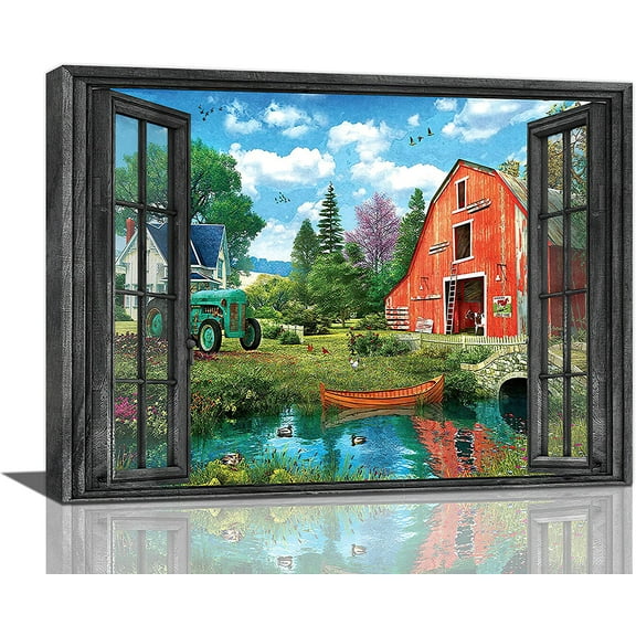 Country Farmhouse Wall Art Rustic Window Landscape Prints Painting Barn Pictures Framed Beautiful Artwork Home Decor for Kitchen Dinning Living Room Bathroom 16"x12"