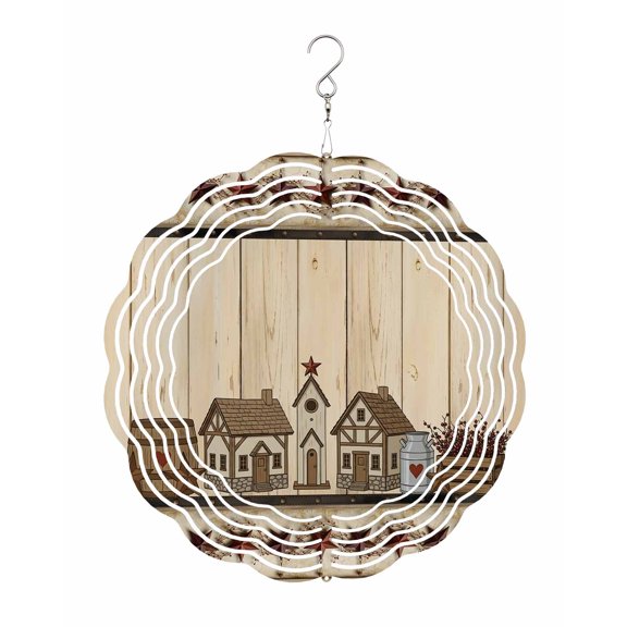 Country Farmhouse Wind Spinner for Garden Yard 10In, Vintage Barn Star Berry Love Heart Wood Grain 3D Stainless Steel Kinetic Hanging Wind Spinners Rustproof Outdoor Decor for Lawn Patio Home