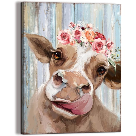 Country Farmhouse canvas Printing Rustic Bedroom Decor Retro Cow Wall Art Home artwork Print Used in Bathroom Office fireplace kitchen Dining Room Decorate Cattle With Garland 12inchx16inch