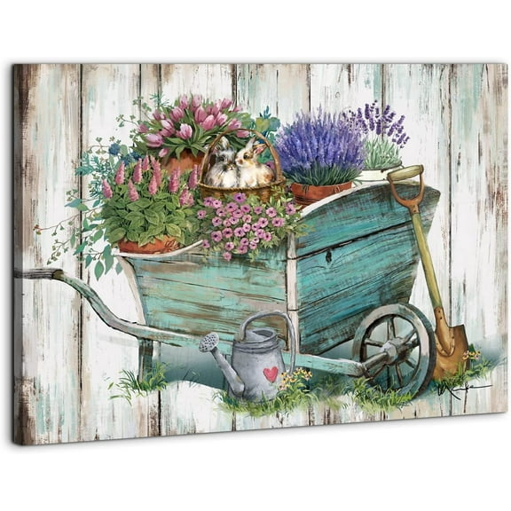 Country Farmhouse decor Pastoral style Wall art Retro blue Garden Cart lavender canvas print picture wall artwork,suitable for family dining room,bedroom,bathroom,office wall decoration