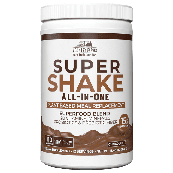 Country Farms All-In-One Super Shake Meal Replacement Dietary Supplement, with Superfoods, Vitamins, Probiotics and Prebiotics, Superfoods, 12.48 oz., 12 Servings