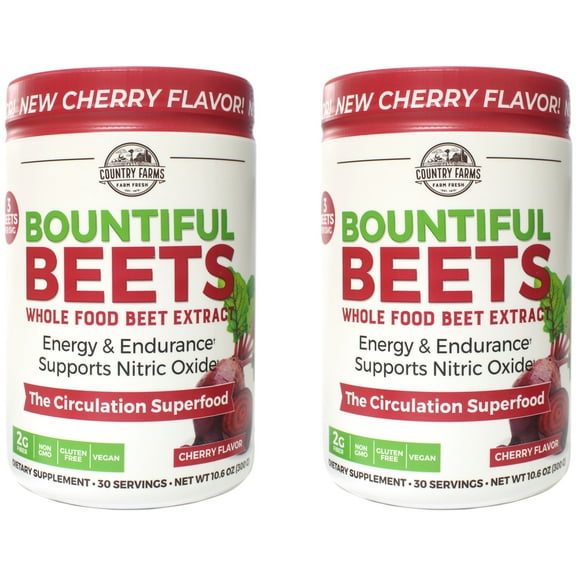 Country Farms Bountiful Beets Whole Food Beet Extract Powder, Supports Energy & Endurance, Cherry Flavor, 30 Servings, 10.6 oz (Pack of 2)