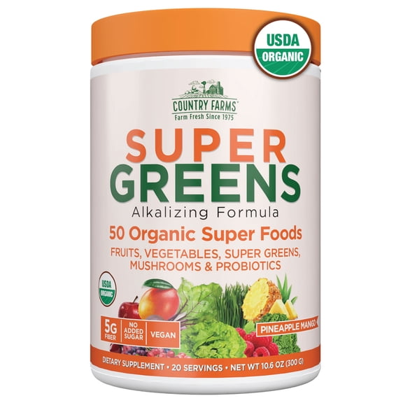 Country Farms Organic Super Greens Powder, 50 Organic Superfoods, Greens Drink Mix with Fruits, Vegetables, Fiber, Probiotics & Mushrooms, Supports Energy, Gut Health & Digestion, Pineapple Mang