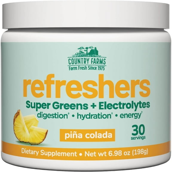 Country Farms Refreshers, Hydration Booster, Electrolytes, Super Greens, Superfoods, Energizing, Digestion, Minerals, Pina Colada flavor, 6.98 oz, 30 Servings