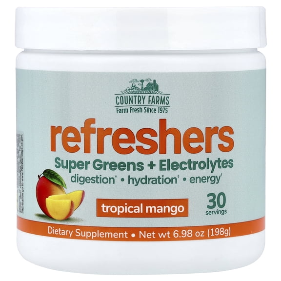 Country Farms Refreshers, Super Greens + Electrolytes, Tropical Mango, 6.98 oz (198 g)