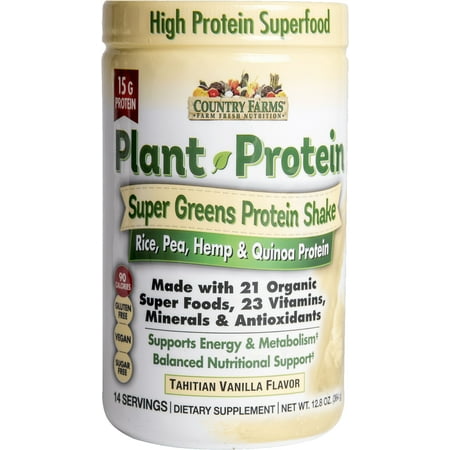 Country Farms Super Greens Plant Protein Dietary Supplement Powder, Tahitian Vanilla, 15g Protein, 12.8 oz