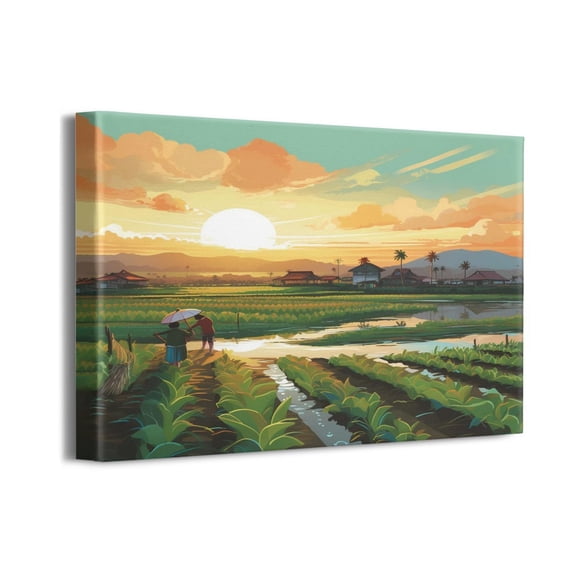 Country Fields Sunset Wall Art Peaceful Farmland Fields Wall Decor Thanksgiving Painting Print Artwork Vintage Home Decorations Framed Ready to Hang for Office Living Room 16"x12"