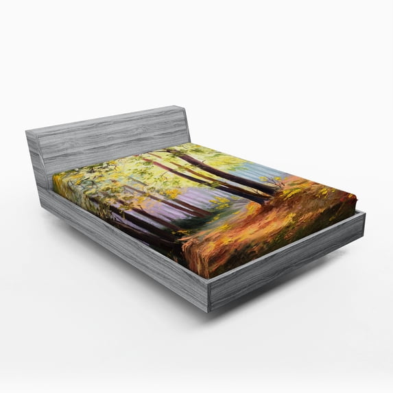 Country Fitted Sheet, Image of Spring Landscape in Forest with Falling Leaf and Various Trees Mod Print, Soft Decorative Fabric Bedding, Queen Size, Brown Green, by Ambesonne