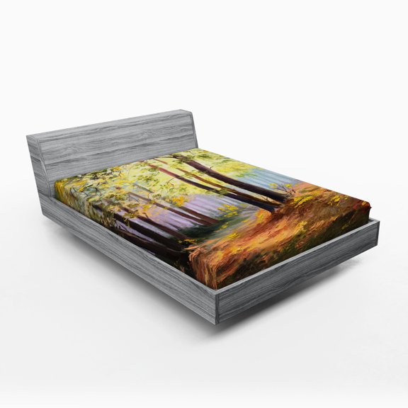 Country Fitted Sheet, Image of Spring Landscape in Forest with Falling Leaf and Various Trees Mod Print, Soft Decorative Fabric Bedding, Queen Size, Brown Green, by Ambesonne